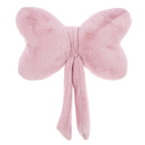 Cuscino rosa a forma di fiocco, in tessuto peluche effetto velluto, con morbida imbottitura e design decorativo.