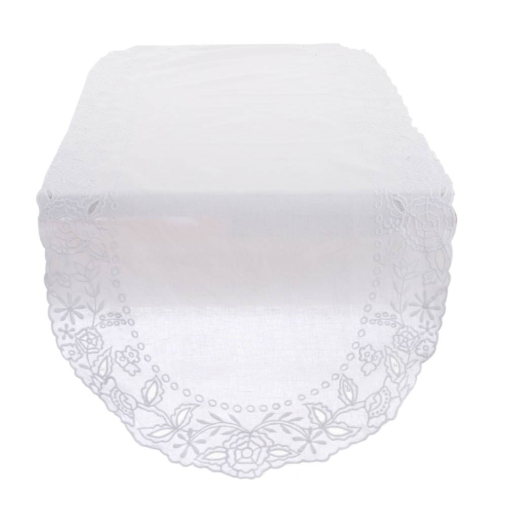 Blanc Mariclò Runner Dentelle Bianco Ricamato 45x140 cm 1 Runner bianco ricamato con motivi floreali e bordo sagomato della collezione Dentelle Blanc Mariclò.
