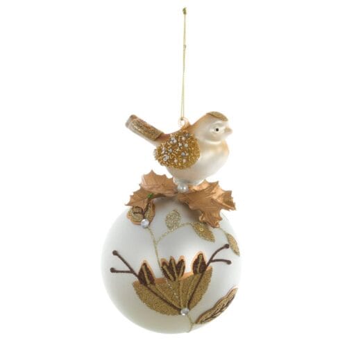 Decorazione natalizia a sfera in vetro bianco con fiori dorati, foglie glitterate e uccellino perlato sulla sommità.