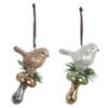Uccellino decorativo in vetro satinato con glitter e ghiaccio finto su base fungo metallizzata, con aghi di pino sintetic