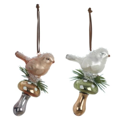 Uccellino decorativo in vetro satinato con glitter e ghiaccio finto su base fungo metallizzata, con aghi di pino sintetic