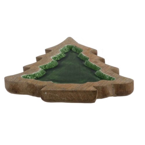 Vassoio in legno di mango a forma di albero con interno verde smaltato, decorazione ideale per Natale.
