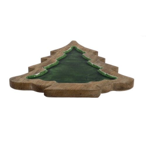 Vassoio decorativo natalizio a forma di albero in legno di mango con interno verde smaltato