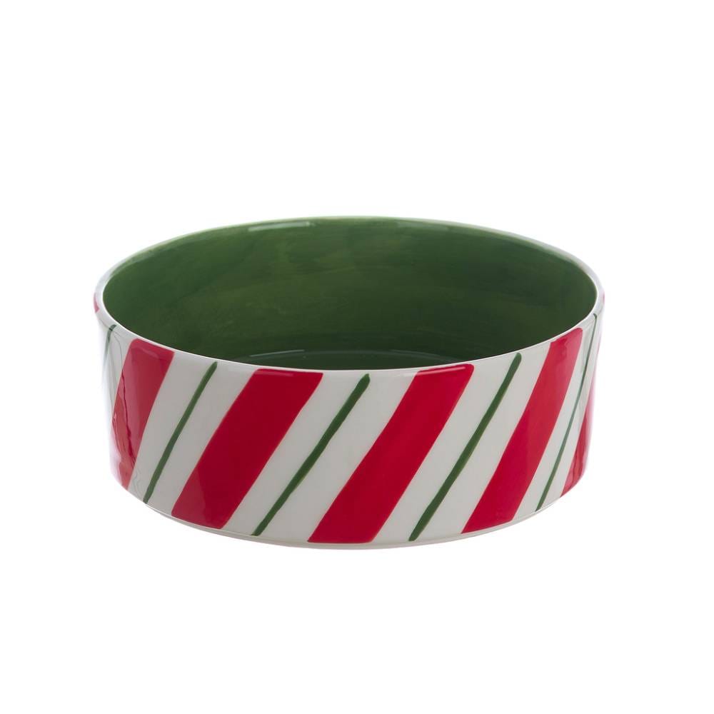 Blanc MariClo Pet Candy Cane Bowl 17x17x6 1 Ciotola in ceramica per animali domestici con interno verde e decoro esterno a righe rosse e verdi su fondo bianco.