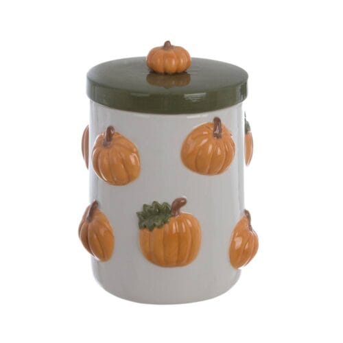 Barattolo decorativo in ceramica bianca con rilievi di zucche arancioni e coperchio verde, con una piccola zucca in cima.