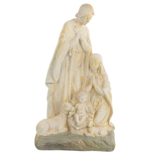 Statua natalizia in resina color crema con effetto anticato, raffigurante la Sacra Famiglia con bue e agnello.