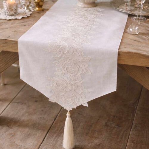 Fiori di Lena Runner Lino Bianco con Nappe e Pizzo 135x35