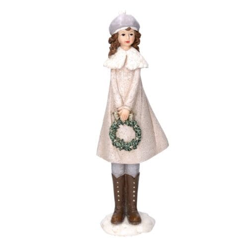Statua natalizia in resina raffigurante bambina invernale con ghirlanda verde, altezza 31,5 cm