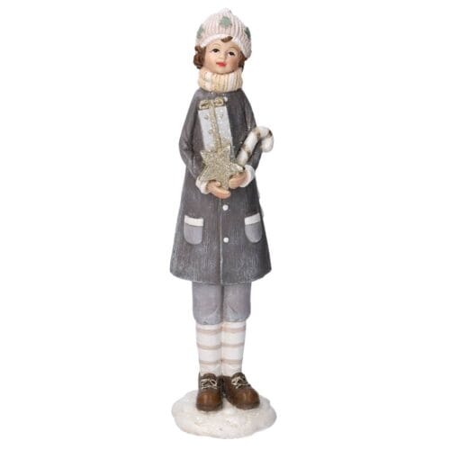 Statua in resina raffigurante bambino in abiti invernali con stella dorata e bastoncino di zucchero, altezza 31,5 cm