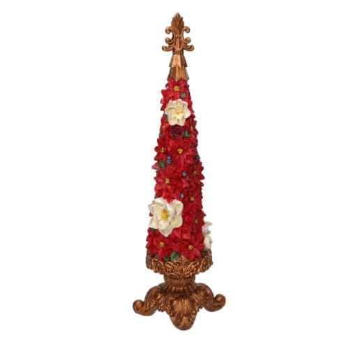 Albero decorativo natalizio in resina con fiori rossi e base dorata