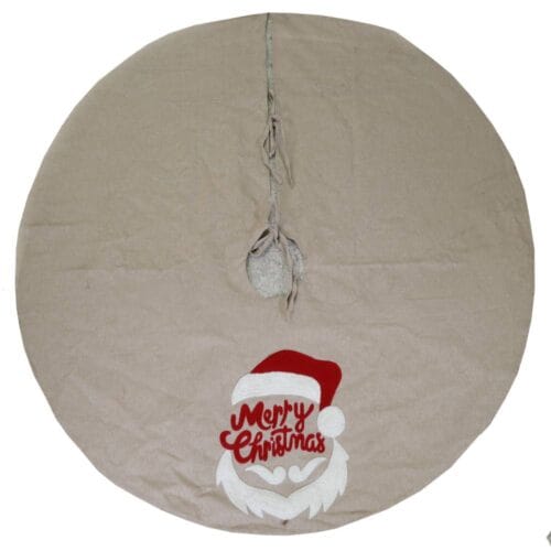 Copribase rotondo beige per albero di Natale con volto di Babbo Natale e scritta Merry Christmas