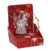 Angelo natalizio in vetro trasparente con aureola dorata e libro, confezionato in scatola rossa decorata