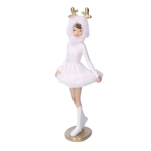 Ballerina decorativa bianca con cappuccio e corna dorate in resina H 32,5 cm