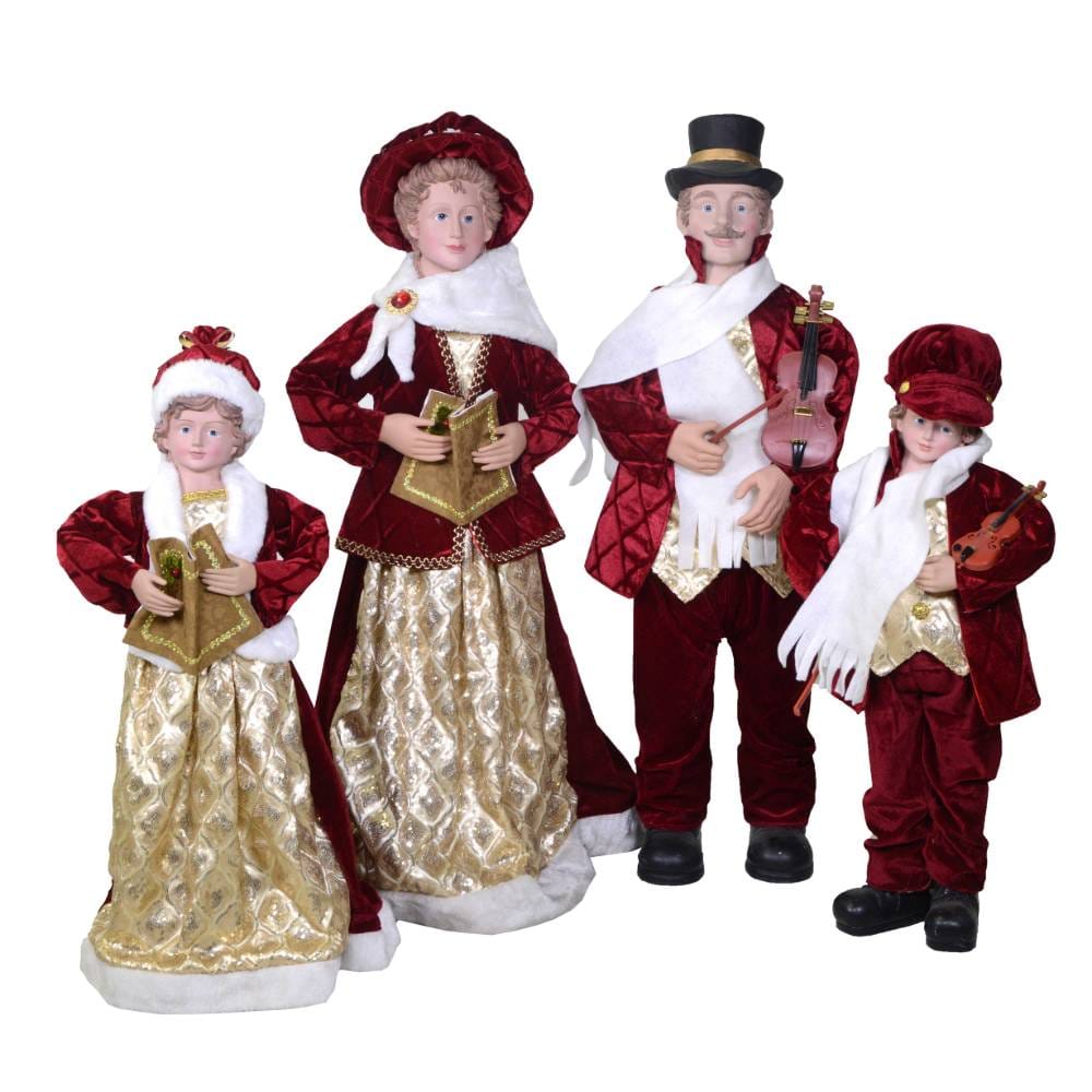 Set 4 cantori natalizi in velluto bordeaux e oro con dettagli musicali H 70 cm