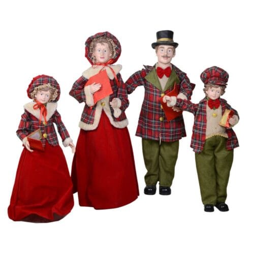 Set di 4 cantori natalizi in abiti tartan rossi e verdi, altezza 95 cm