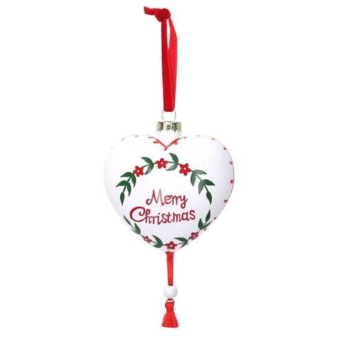 Decorazione natalizia a forma di cuore in vetro con scritta Merry Christmas, dipinta a mano con fiocchetto rosso e nappina