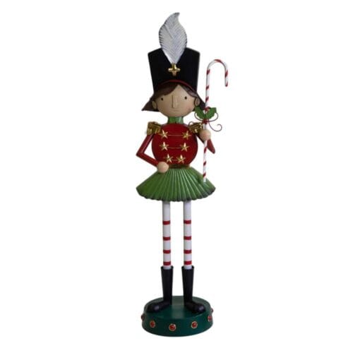 Statue de soldat de Noël en métal avec chapeau, jupe verte et sucre d'orge - H 104 cm
