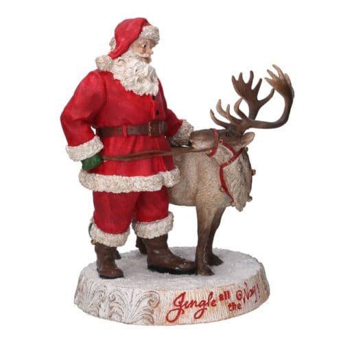 Statua natalizia in resina con Babbo Natale e renna su base decorata
