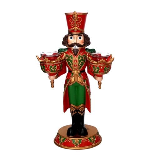 Portacandele natalizio a forma di soldatino in resina rossa e verde con due porta tealight