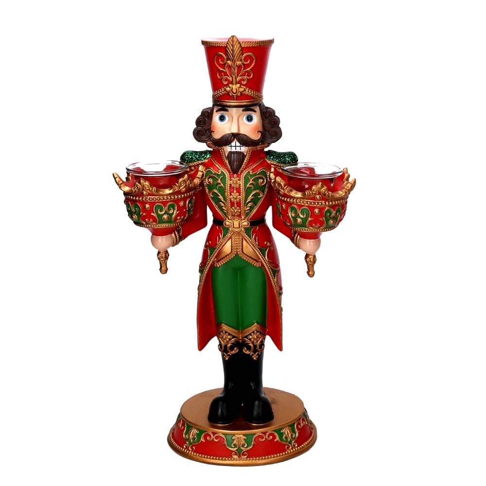 Portacandele natalizio a forma di soldatino in resina rossa e verde con due porta tealight