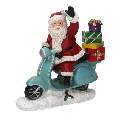 Adorno de resina con Papá Noel en una Vespa azul cargada de regalos