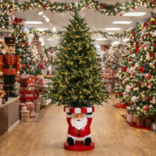 Base albero di Natale in resina con Babbo Natale seduto e supporto rotondo rosso e bianco