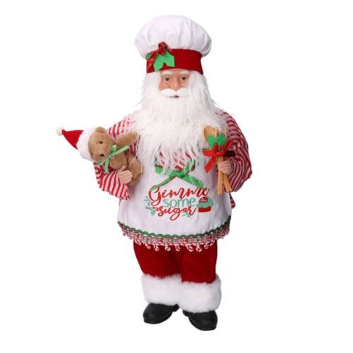 Babbo Natale decorativo in versione cuoco con grembiule, orsetto e mestoli – 45 cm
