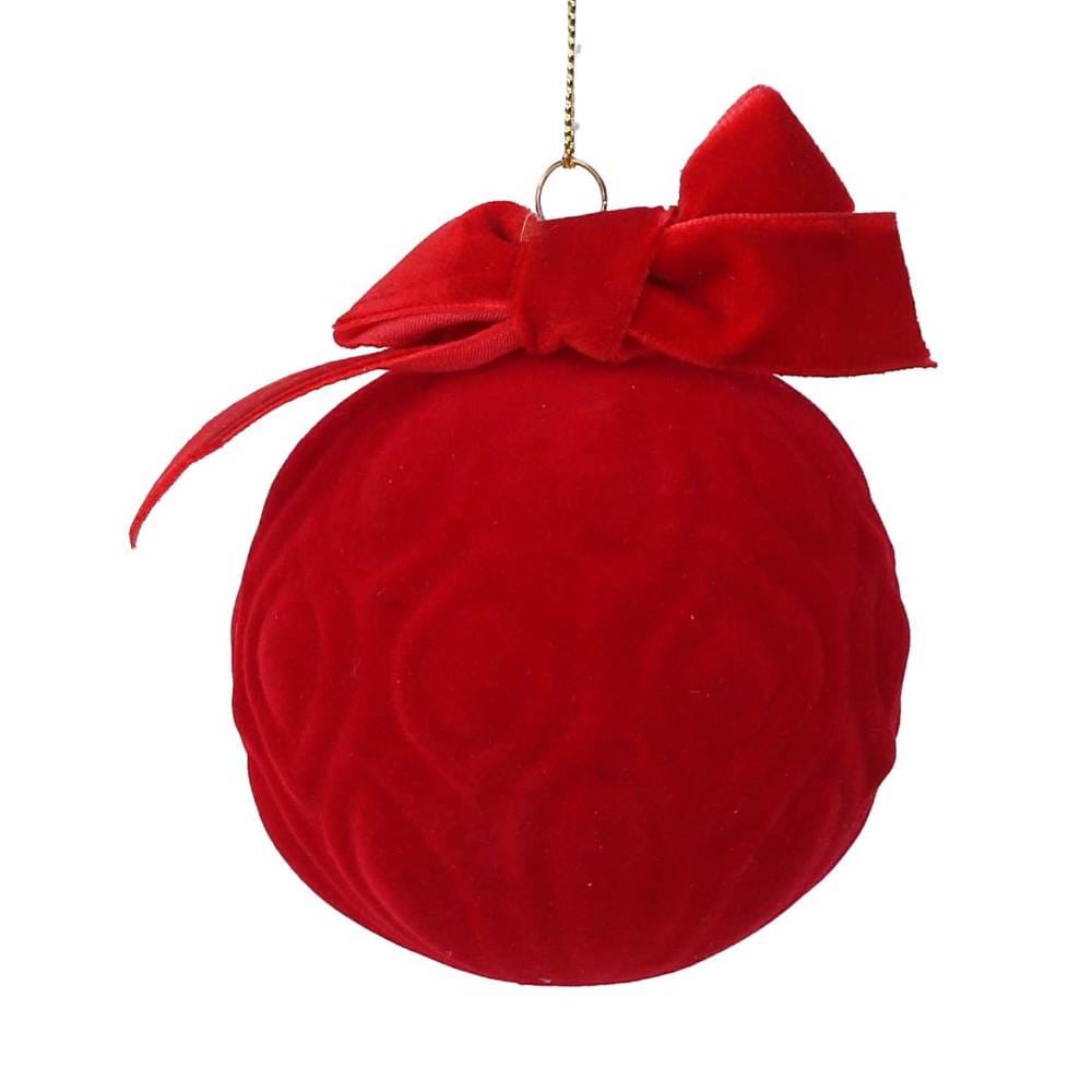 Sfera natalizia rossa in vetro con rivestimento in velluto e fiocco decorativo, ø8 cm