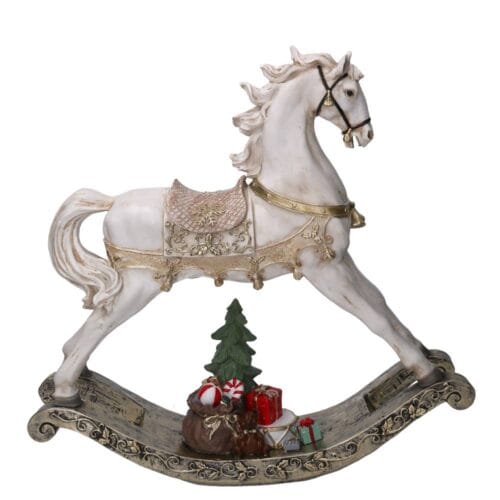 Cavallo a dondolo bianco e oro in resina con doni natalizi e albero decorativo