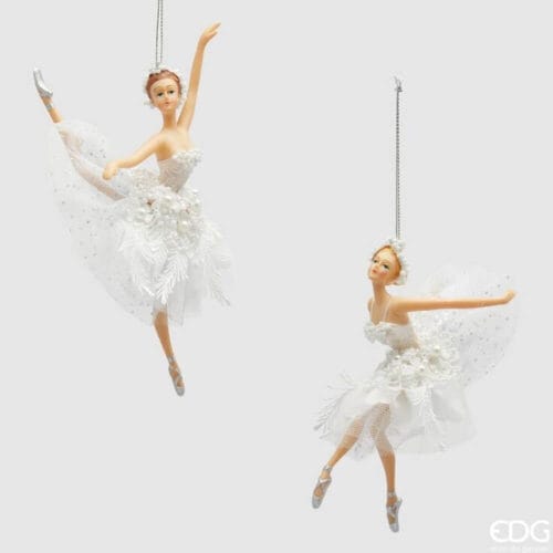 Addobbo natalizio a forma di ballerina con tutu bianco in tulle, piume e perle decorative, in plastica, da appendere.