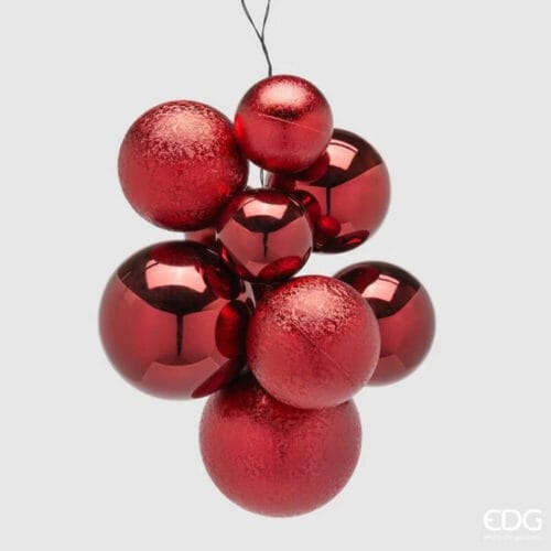 Set di 10 sfere EDG color borgogna con finiture miste lucide e martellate, disposte a grappolo.