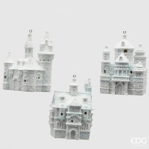 Decorazione natalizia EDG a forma di castello bianco con effetto neve e luce interna, dotata di nastro per appenderla.
