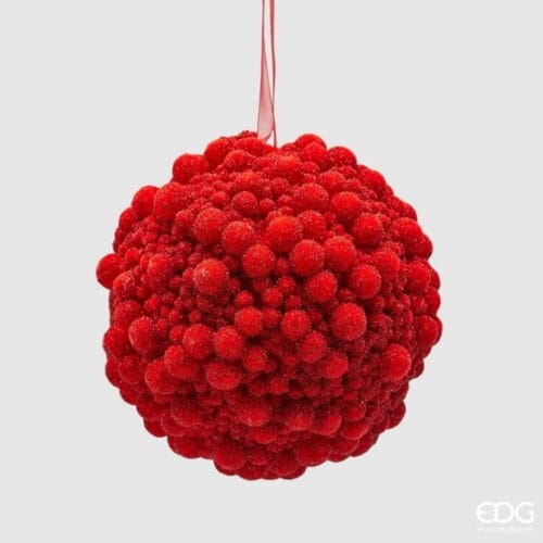 Palla natalizia EDG rivestita da micro sfere rosse opache con superficie vellutata, in plastica infrangibile.