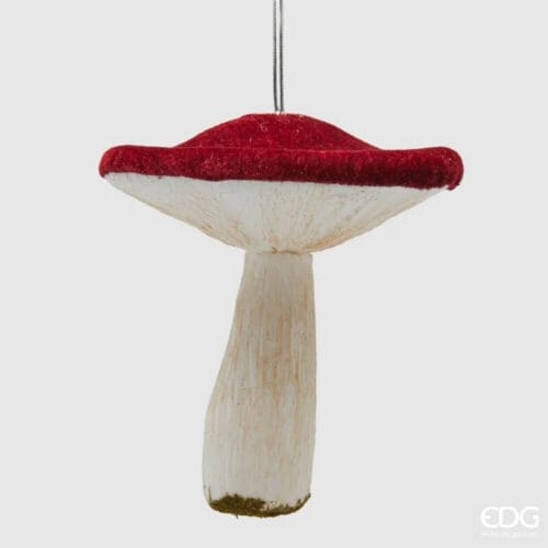 Fungo natalizio EDG bianco e rosso da appendere, con cappello in velluto e gambo realistico, in plastica infrangibile.