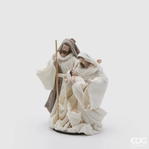 Statua Natività EDG in tessuto con base, raffigurante Maria, Giuseppe e Gesù bambino in abiti avorio, altezza 17 cm.