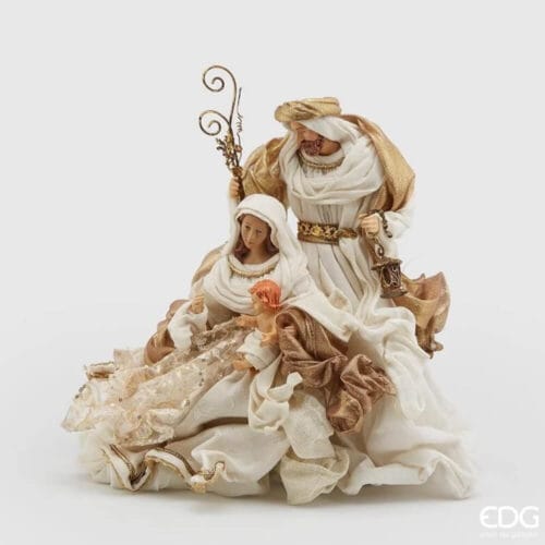 Statua Natività EDG alta 36 cm, con Maria, Giuseppe e Gesù bambino in abiti bianchi e oro su base stabile.