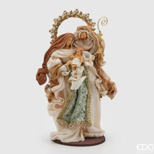 Statua natività EDG alta 50 cm con Giuseppe, Maria e Gesù bambino, decorata con tessuti panna, bronzo e verde ricamato con dettagli dorati.