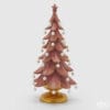 Albero di Natale decorativo in velluto rosa con dettagli glitter oro, perle bianche pendenti e base dorata in resina.
