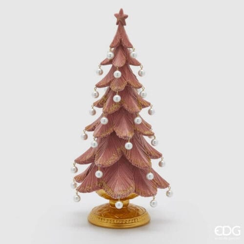Albero di Natale decorativo in velluto rosa con dettagli glitter oro, perle bianche pendenti e base dorata in resina.