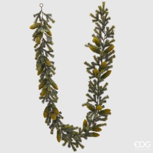 Festone EDG in plastica verde con aghi di pino e pigne decorative, lunghezza 183 cm.