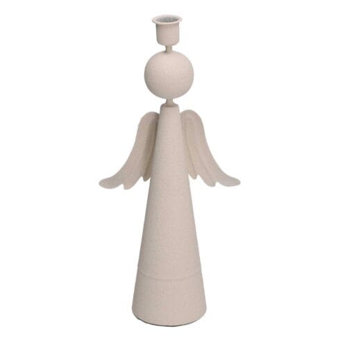 Portacandele stilizzato a forma di angelo in metallo color crema, altezza 32,5 cm