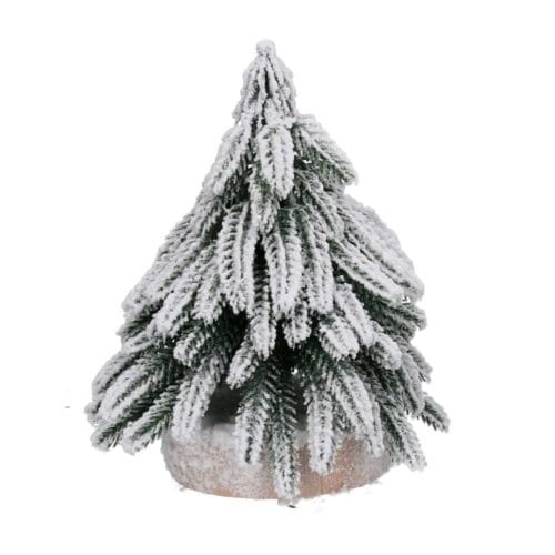 Alberello decorativo verde innevato con base in legno, altezza 15 cm
