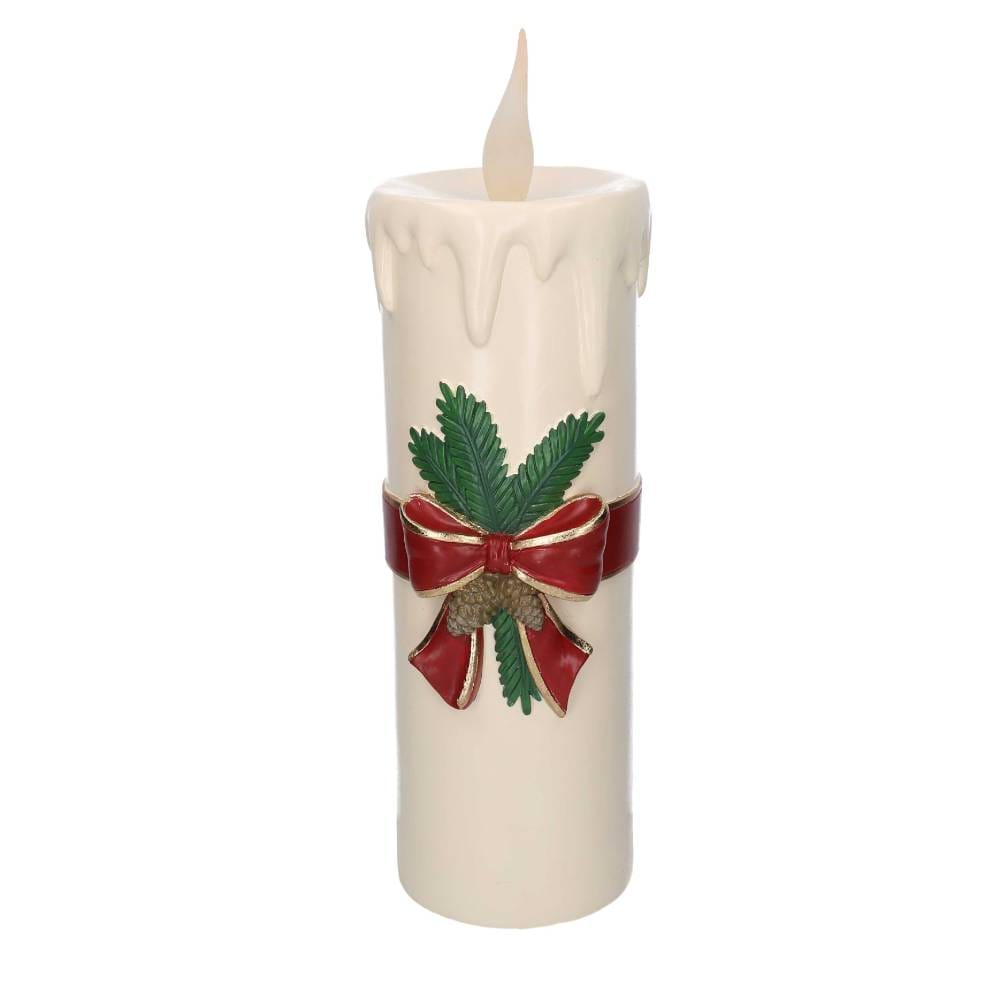 Candela natalizia bianca in resina con fiocco rosso e pigne, LED, h55,7 cm