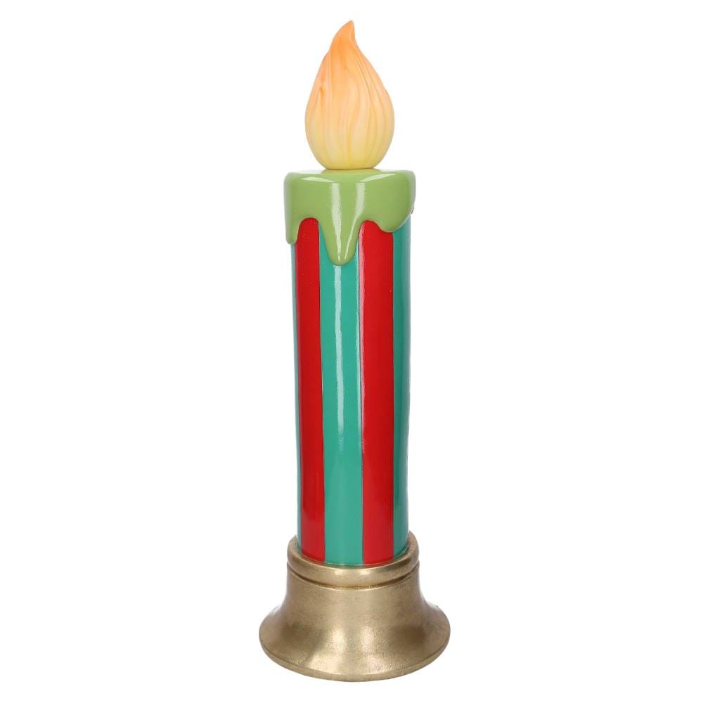 Candela decorativa natalizia rigata verde e rossa con base dorata e fiamma LED