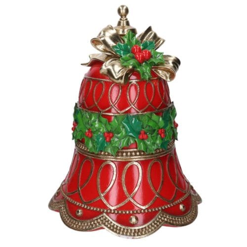 Campana decorativa natalizia rossa in resina con agrifoglio e fiocco dorato