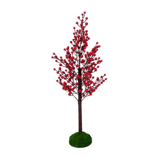 Albero decorativo natalizio con bacche rosse lucide e base verde effetto muschio, altezza 80 cm