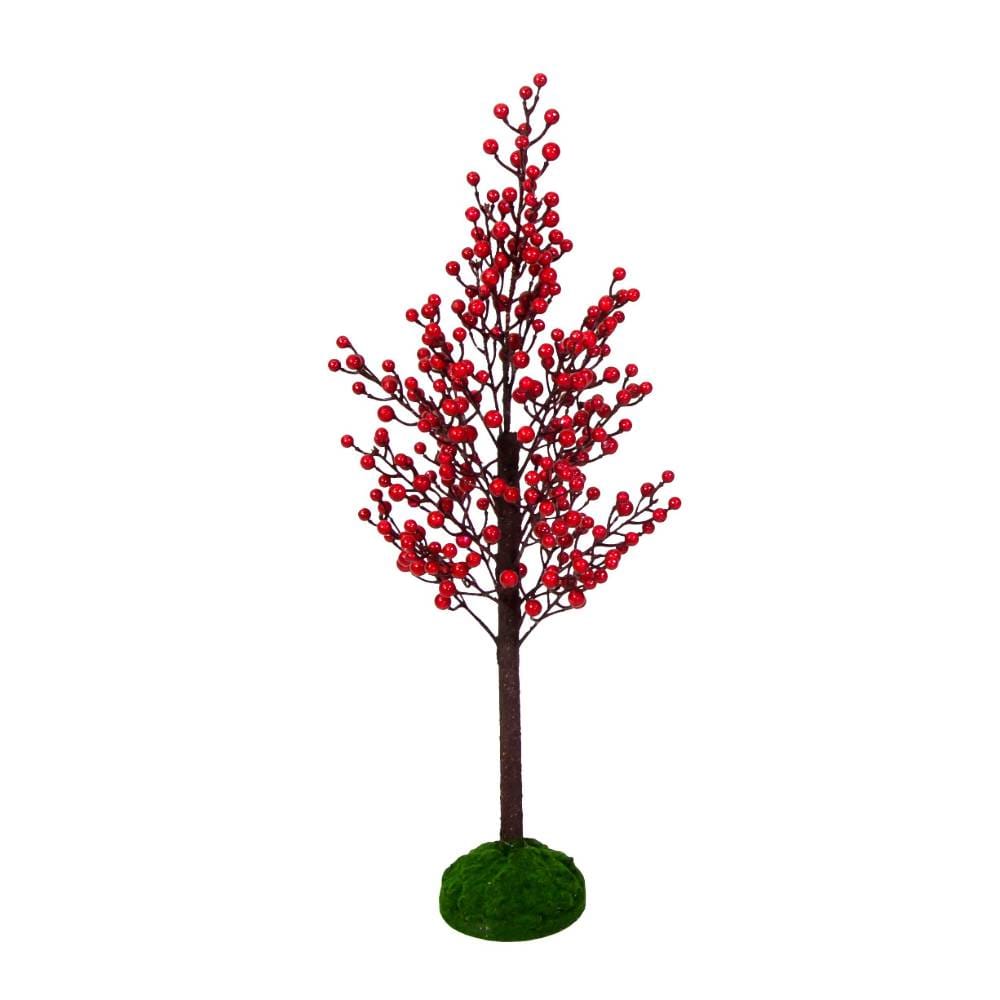 Albero decorativo natalizio con bacche rosse lucide e base verde effetto muschio, altezza 80 cm