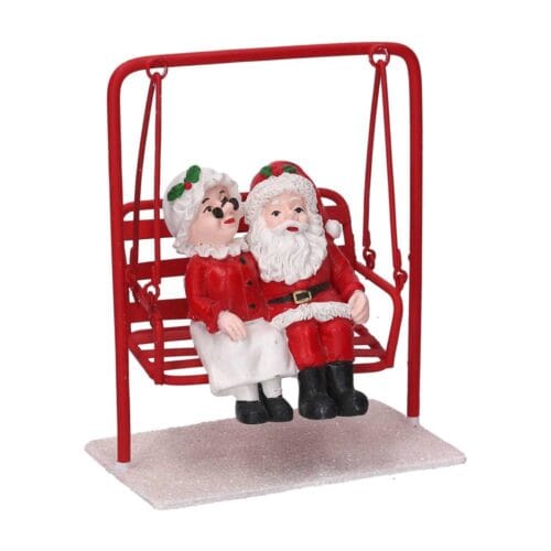 Decorazione natalizia Babbo e Mamma Natale su dondolo rosso in resina con base effetto neve