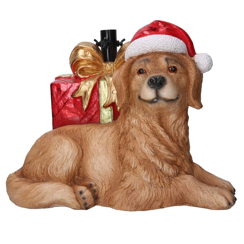Base de resina para árbol de Navidad con perro y paquete de regalo rojo y dorado