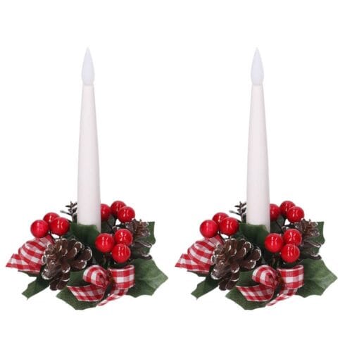 Coppia di girocandela natalizi con candela LED, bacche e fiocco tartan cm 10x10
